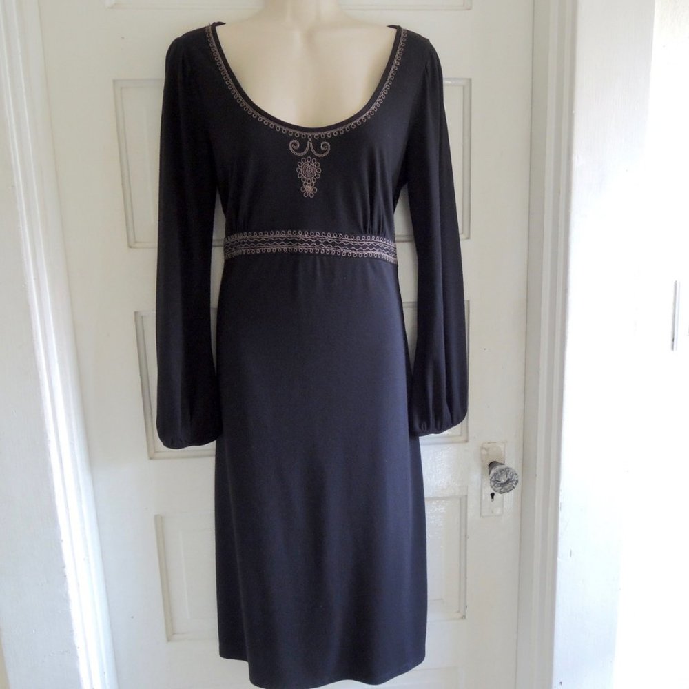 Loft Black Empire Dress Tan Embroidery Blouson Sleeves 10P
